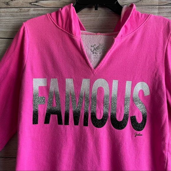 💕Justice sweatshirt Girls Size 18 Neon Pink Sparkle Famous Hooded Long sleeve - Picture 4 of 8